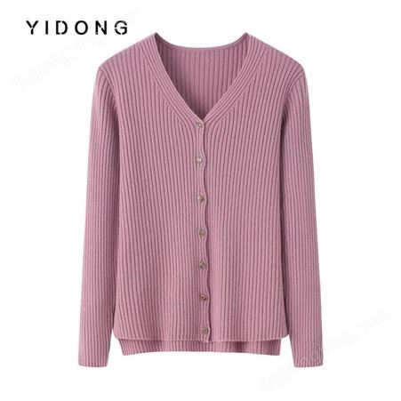 加工定制 韩版气质山羊绒V领抽条针织开衫纯色宽松型单排扣毛衣女