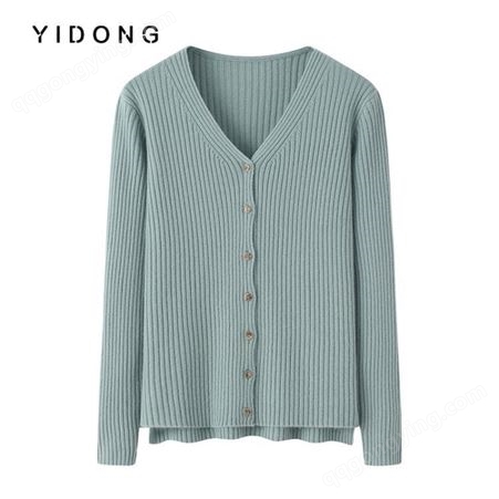 加工定制 韩版气质山羊绒V领抽条针织开衫纯色宽松型单排扣毛衣女